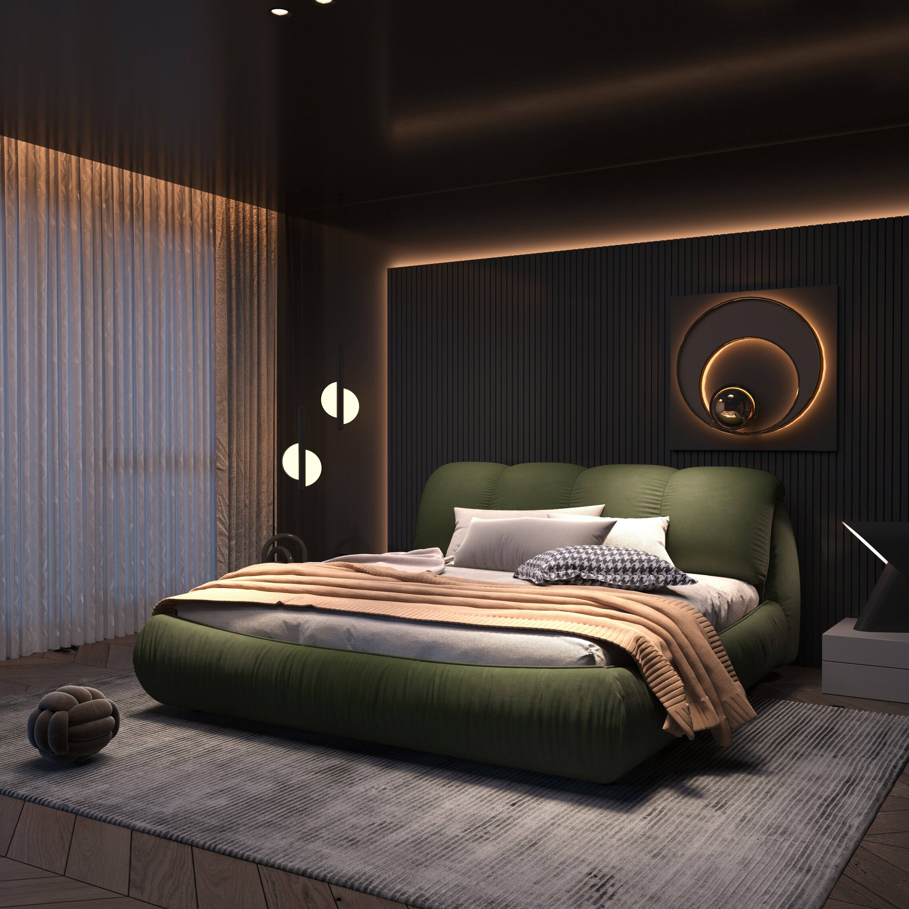 Angle. Anysun - Queen Upholstered Platform Bed with Oversized Padded Backrest & Solid Wood Frame - Green.