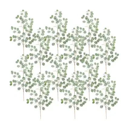 Front. BreeBe - Frosted Silver Dollar Eucalyptus Spray (Set of 12) - Green, Brown, Silver.