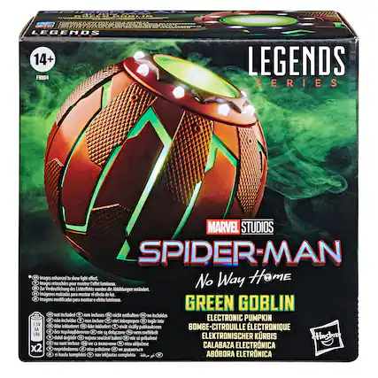 The text on the image is in a foreign language, so it is not possible to group and correct it. However, I can provide a general description of the product. The image features a box with a Spider-Man toy, specifically a Green Goblin figure, which is part of the Legends Series. The box also contains an electronic pumpkin, which is a battery-operated toy. The product is designed for children and is intended for use with batteries.