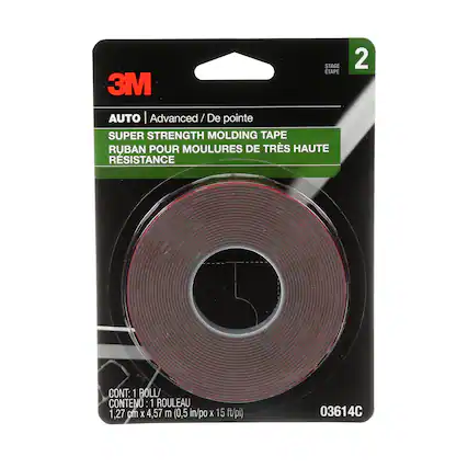 STAGE ETAPE 3M AUTO | Advanced / De pointe SUPER STRENGTH MOLDING TAPE RUBAN POUR MOULURES DE TRÈS HAUTE RÉSISTANCE 2 CONT: 1 BOLL/ CONTENU : 1 ROULEAU 1,27 cm X 4,57 m (0,5 in/po X 15 ft/pi) 03614C