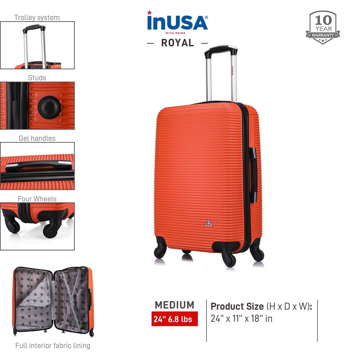 - **Trolley system**
- **Studs**
- **Gel handles**
- **Four Wheels**
- **Full interior fabric lining**

**Product Size (H x D x W):** 24" x 11" x 18" in

**Weight:** 6.8 lbs

**MEDIUM**

**10 YEAR WARRANTY**