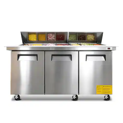 Front. WHALL - WHALL 72" Commercial Sandwich Prep Refrigerator, 3 Door Stainless Salad Table with Cutting Board, R290, ETL Certified - Silver.