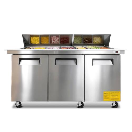 Front. WHALL - WHALL 72" Commercial Sandwich Prep Refrigerator, 3 Door Stainless Salad Table with Cutting Board, R290, ETL Certified - Silver.