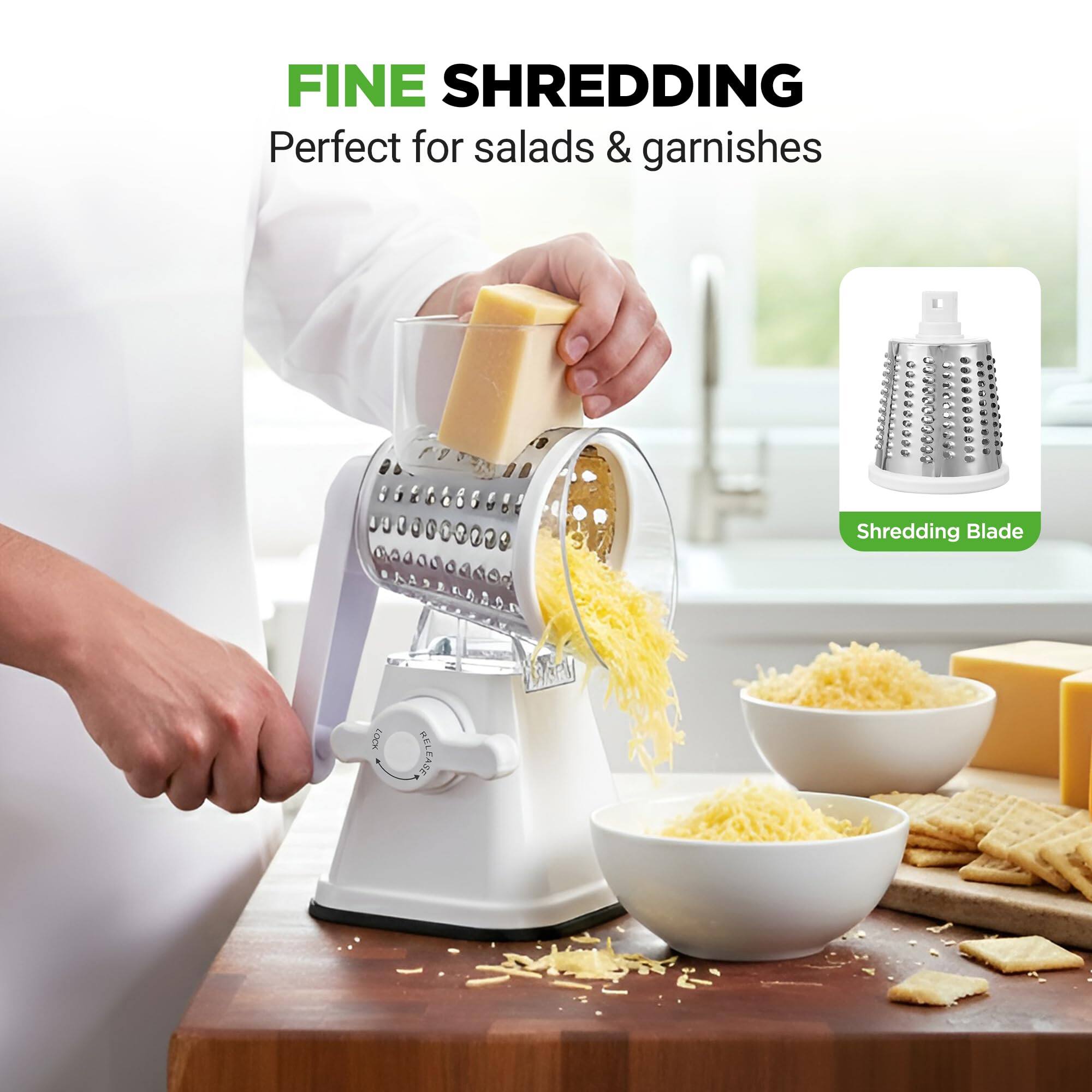 FINE SHREDDING  
Perfect for salads & garnishes  
Shredding Blade SX2 RELEASE