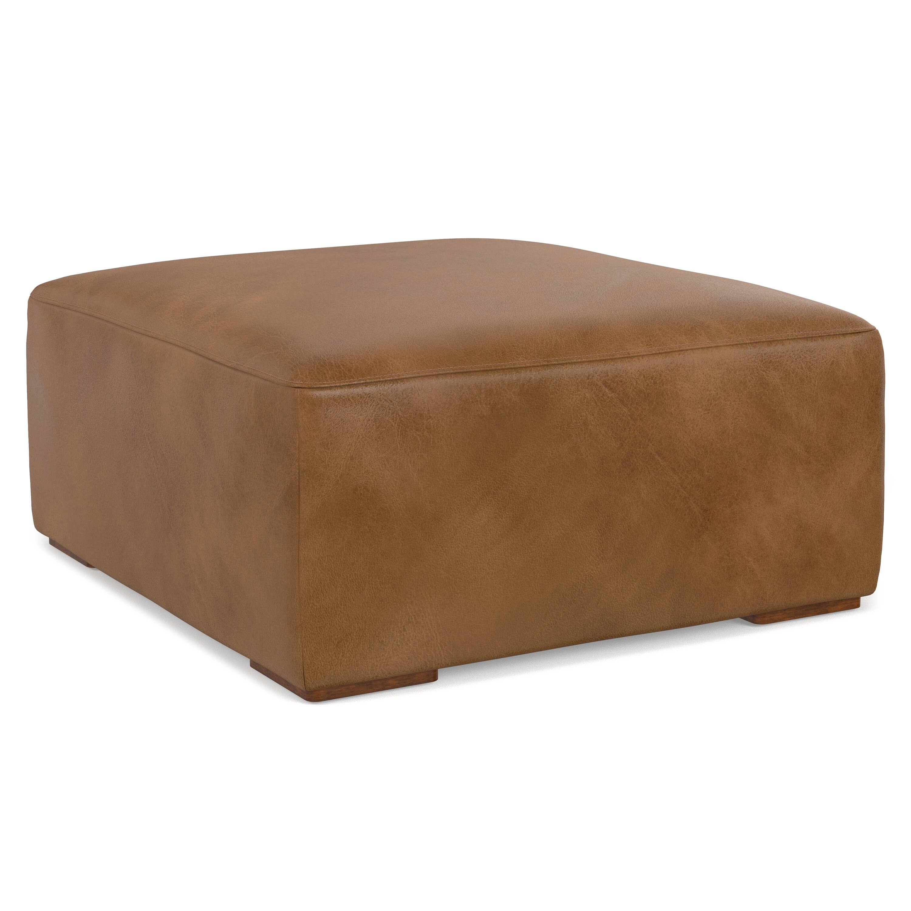 Alt View 3. Simpli Home - Rex Ottoman in Genuine Leather - Caramel Brown.