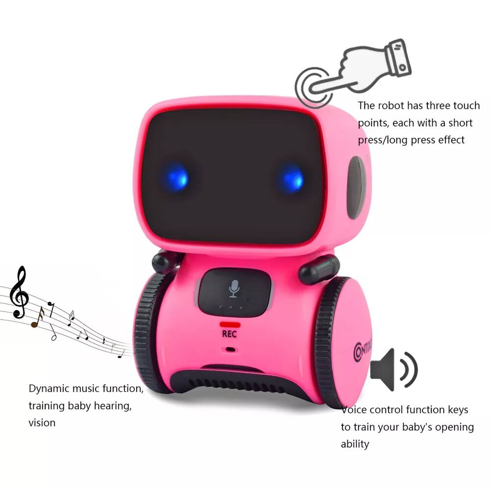 The robot has three touch points, each with a short press/long press effect.

Dynamic music function, training baby hearing, vision.

Voice control function keys to train your baby's opening ability.