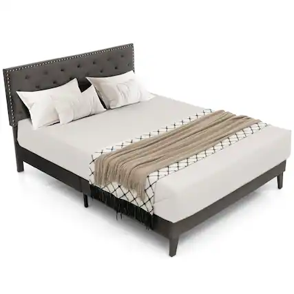 Front. Costway - Costway Queen Bed Frame Upholstered Platform Bed with Tufted Headboard Mattress Foundation - Grey.