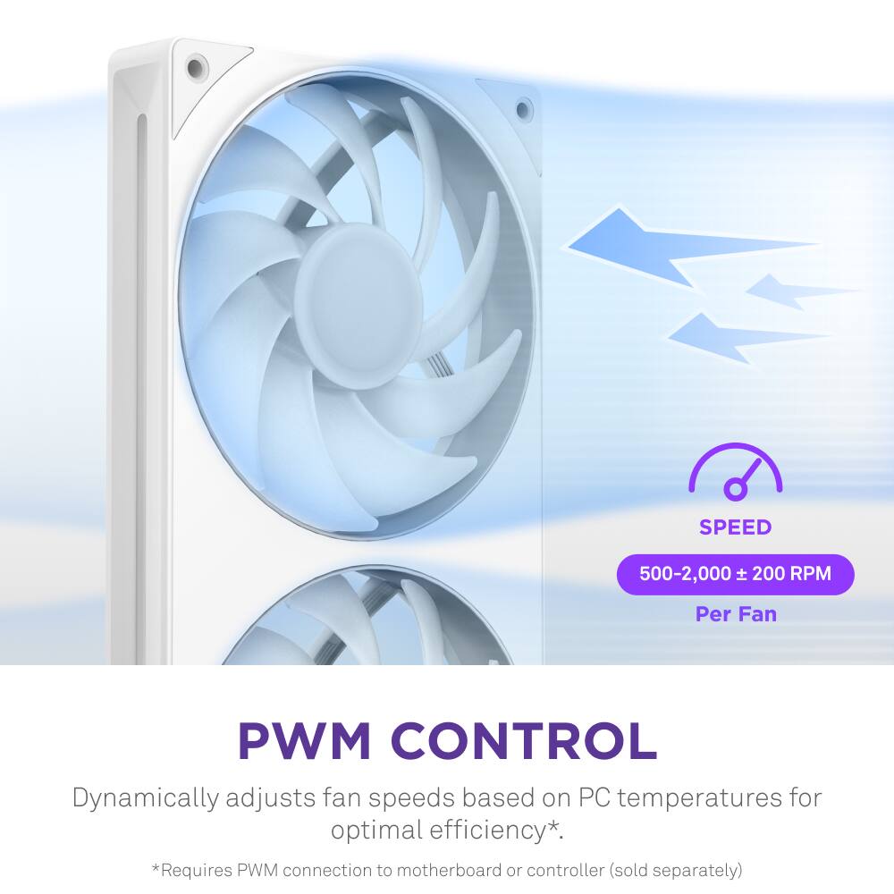 SPEED: 500-2,000 + 200 RPM per fan PWM CONTROL: Dynamically adjusts fan speeds based on PC temperatures for optimal efficiency. *Requires PWM connection to motherboard or controller (sold separately).