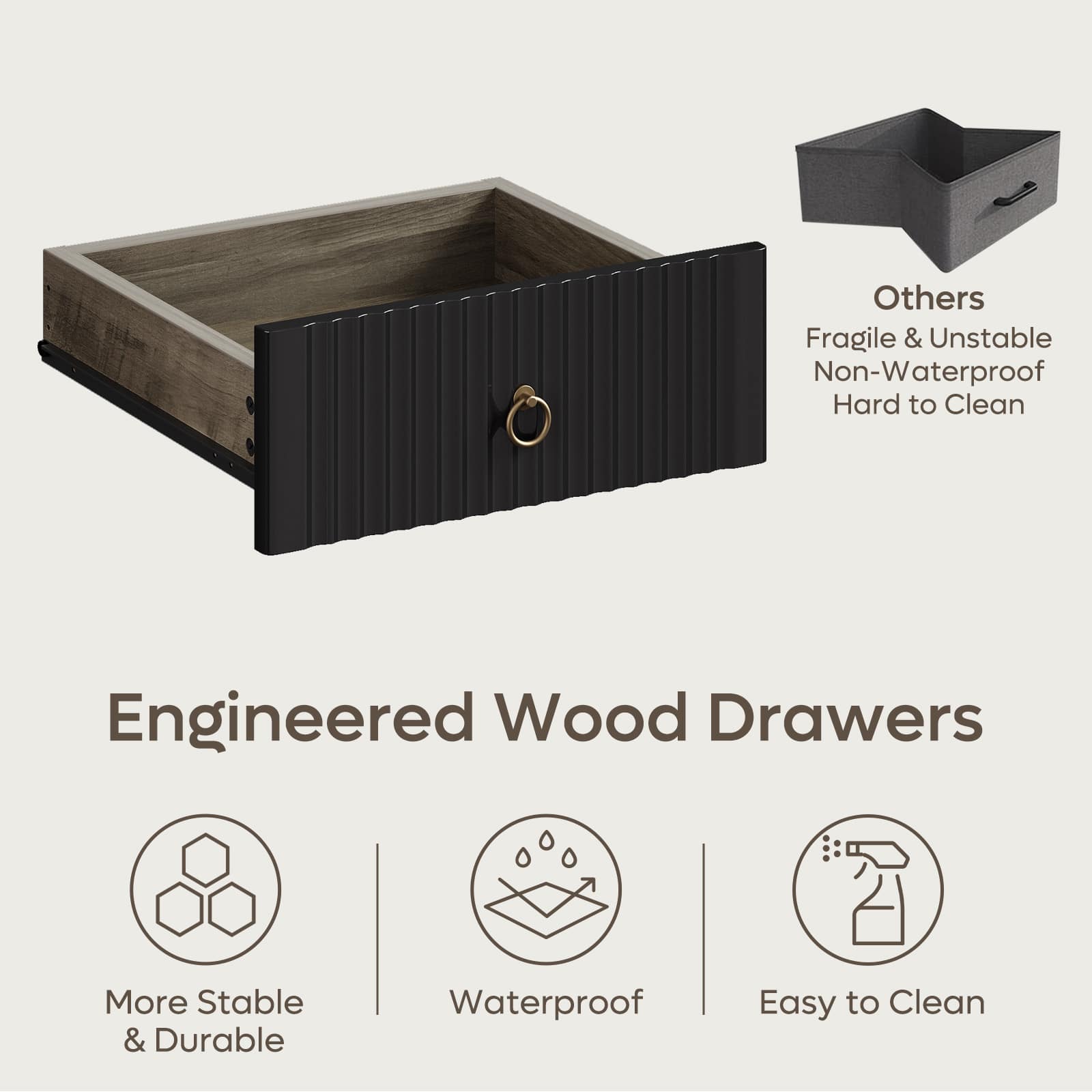 Others: Fragile & Unstable Non-Waterproof Hard to Clean Engineered Wood Drawers More Stable & Durable Waterproof Easy to Clean