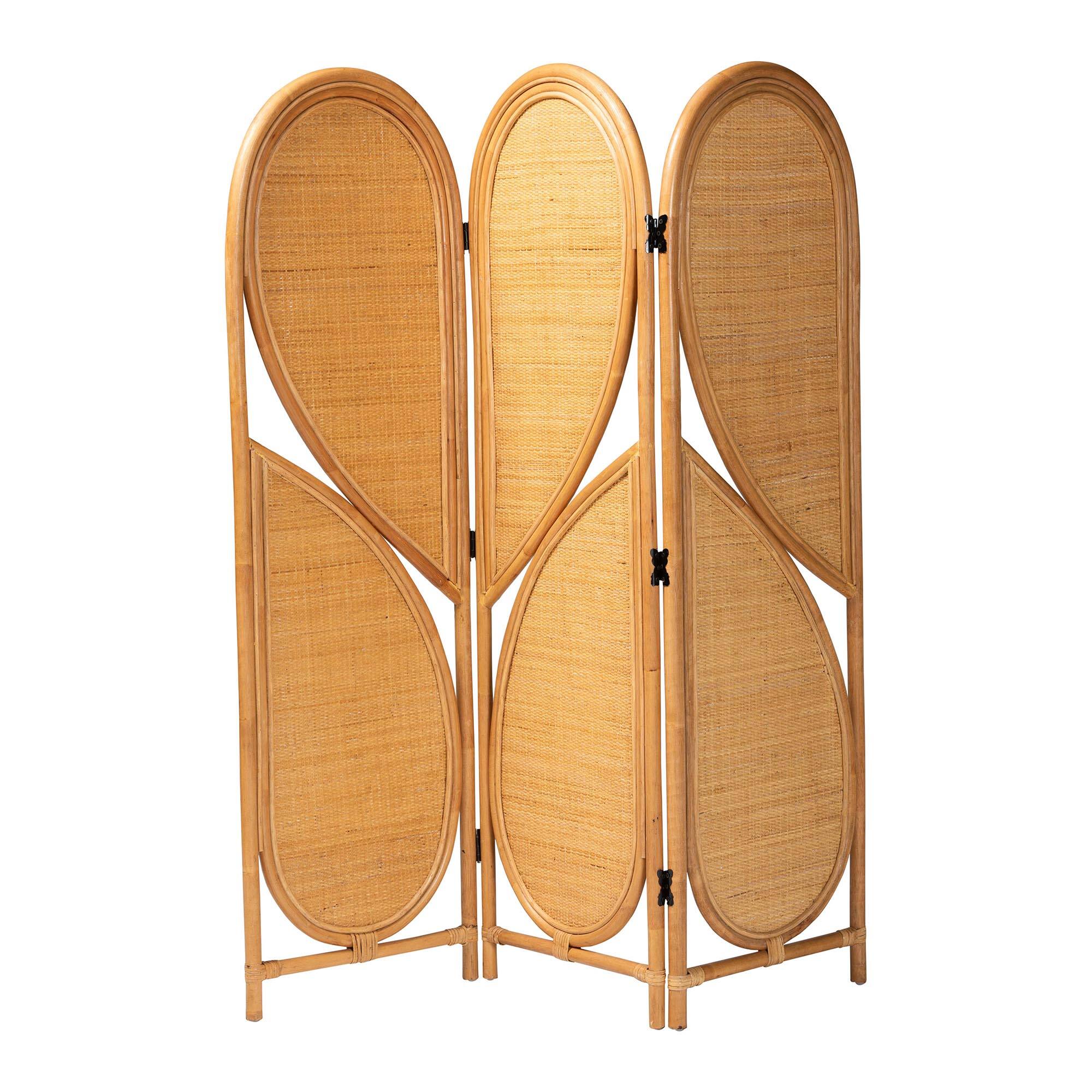 Angle. bali & pari - Kiyoko Natural Rattan Room Divider - Handwoven Wicker Tri-Fold Decorative Privacy Screen with Woven Leaf Motif - Light Honey.