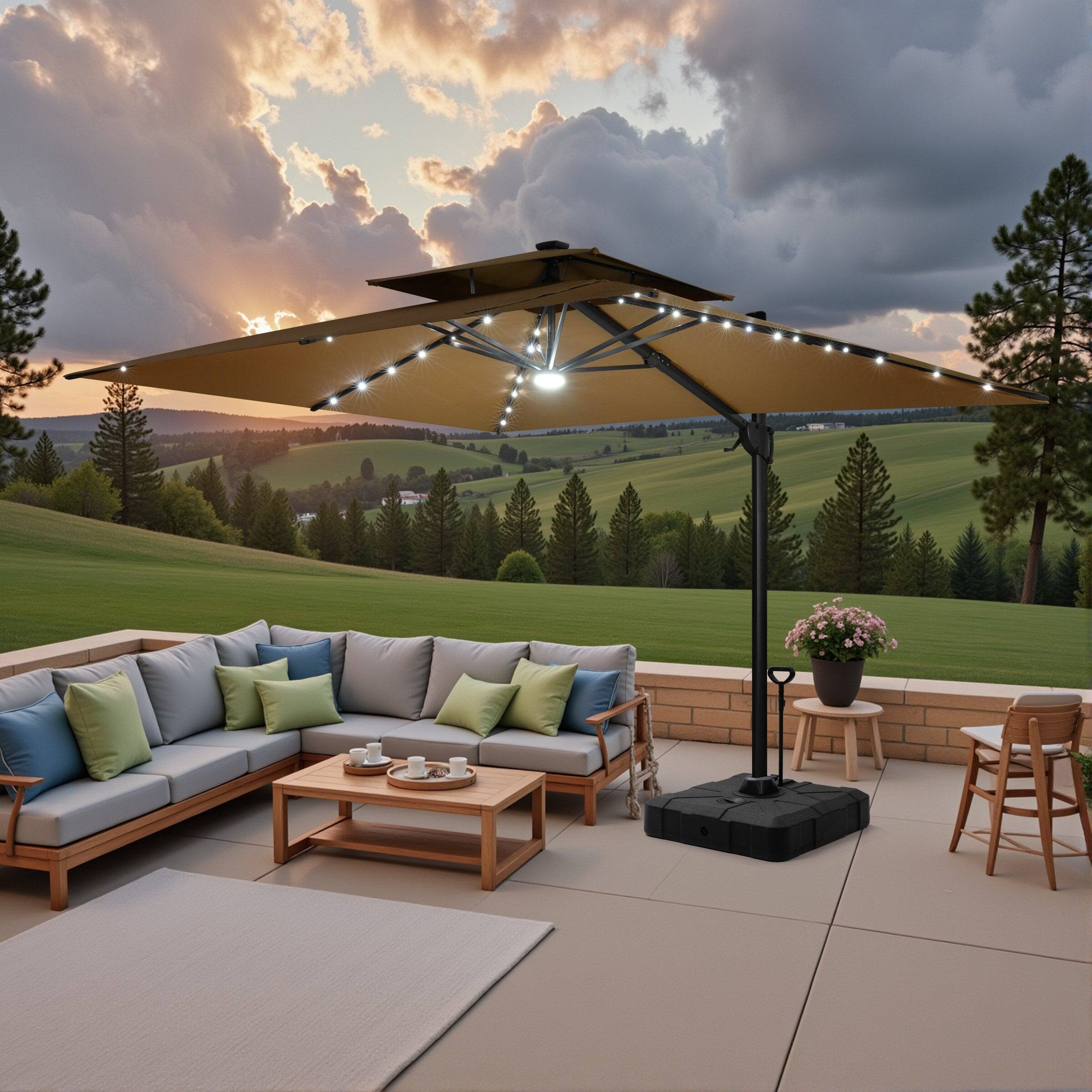 Back. Crestlive Products - Crestlive Products 9x11ft Aluminum Double Top Crank Cantilever Patio Umbrella with Lights with Base - Brown.