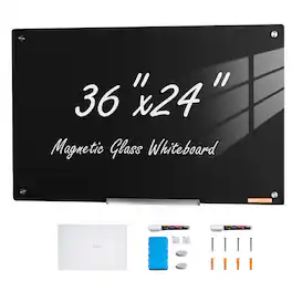 VEVOR - Magnetic Glass Whiteboard, Dry Erase Board 36"x24", Wall-Mounted Large White Glassboard Frameless - Black