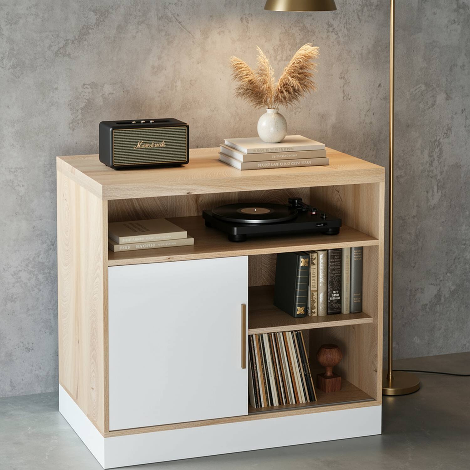 ModernMate - Modern Wood Accent Cabinet with Sliding Door, Adjustable Open Shelves and Gold Handle - Light Walnut