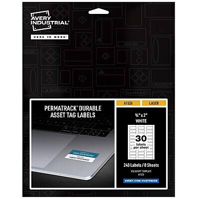 AVERY INDUSTRIAL  
HERE TO WORK  

PERMATRACK DURABLE ASSET TAG LABELS  
61526 LASER  
1/2" x 2" WHITE  
30 labels per sheet  
240 Labels / 8 Sheets  

AVERY.COM/CUSTOMIZE  

DANGER  
CAUTION  
WARNING