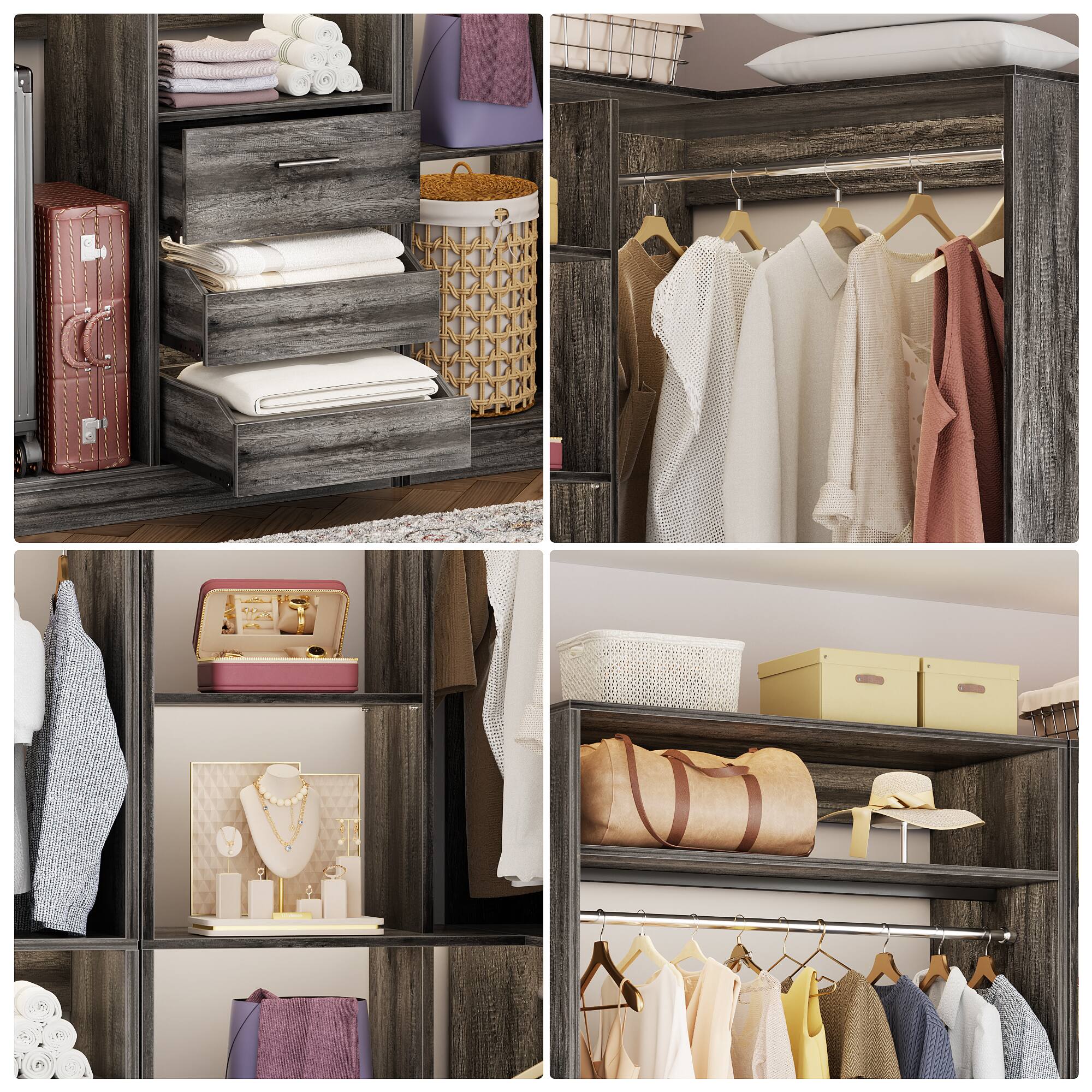 Alt View 1. Aheaplus - 72" Freestanding Corner Closet System - 2-Piece Wood Wardrobe with Drawers & Hanging Rods - Gray Oak.