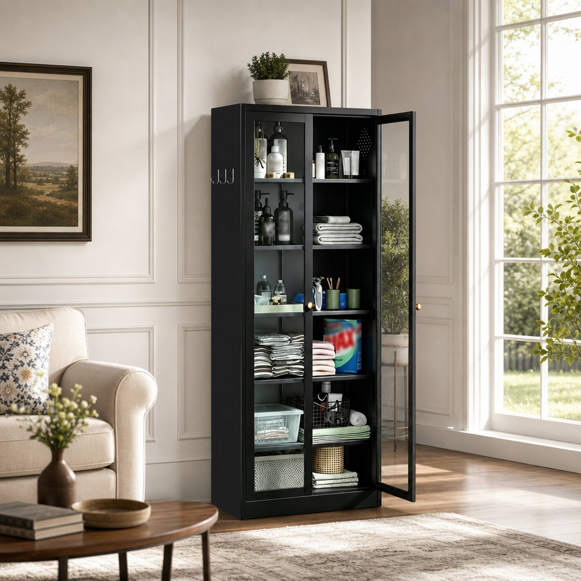 Back. RYHNUYNE - Freestanding 72 Inch Metal Kitchen Pantry Cabinet with 5 Adjustable Shelves, Tall Storage for Pantry, Black - Black.