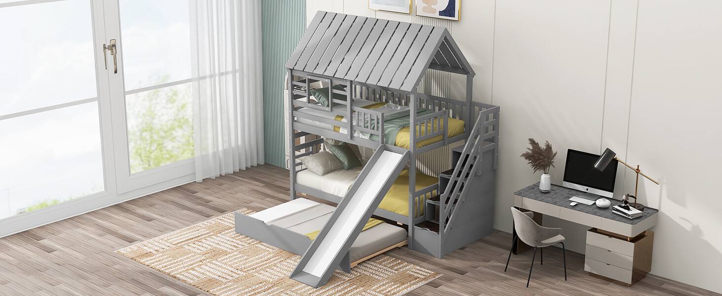 Alt View 2. Tiramisubest - Twin Bunk Bed with Trundle, Slide, Storage Staircase, Roof & Window, Gray - Gray.
