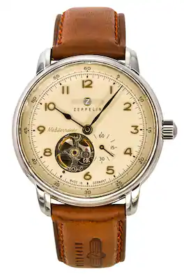 Zeppelin - Mediterranee Leather Strap Open Heart Dial Z96665 50M Mens Watch - Beige