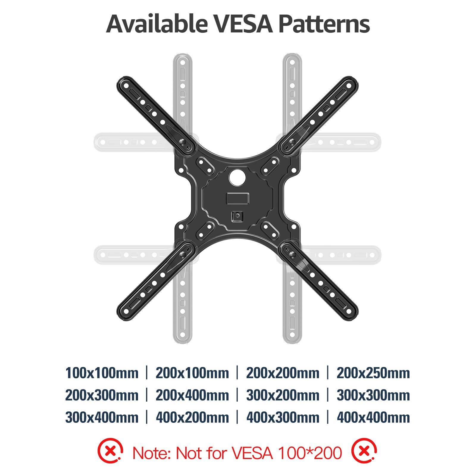 Available VESA Patterns

100x100mm | 200x100mm | 200x200mm | 200x250mm  
200x300mm | 200x400mm | 300x200mm | 300x300mm  
300x400mm | 400x200mm | 400x300mm | 400x400mm  

Note: Not for VESA 100*200