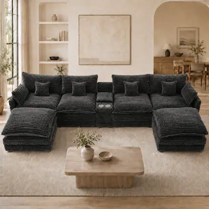 Front. Anysun - 141" U-Shaped Sofa Set – Center Console with USB Ports & Cup Holders – Includes 4 Pillows - Light Grey.