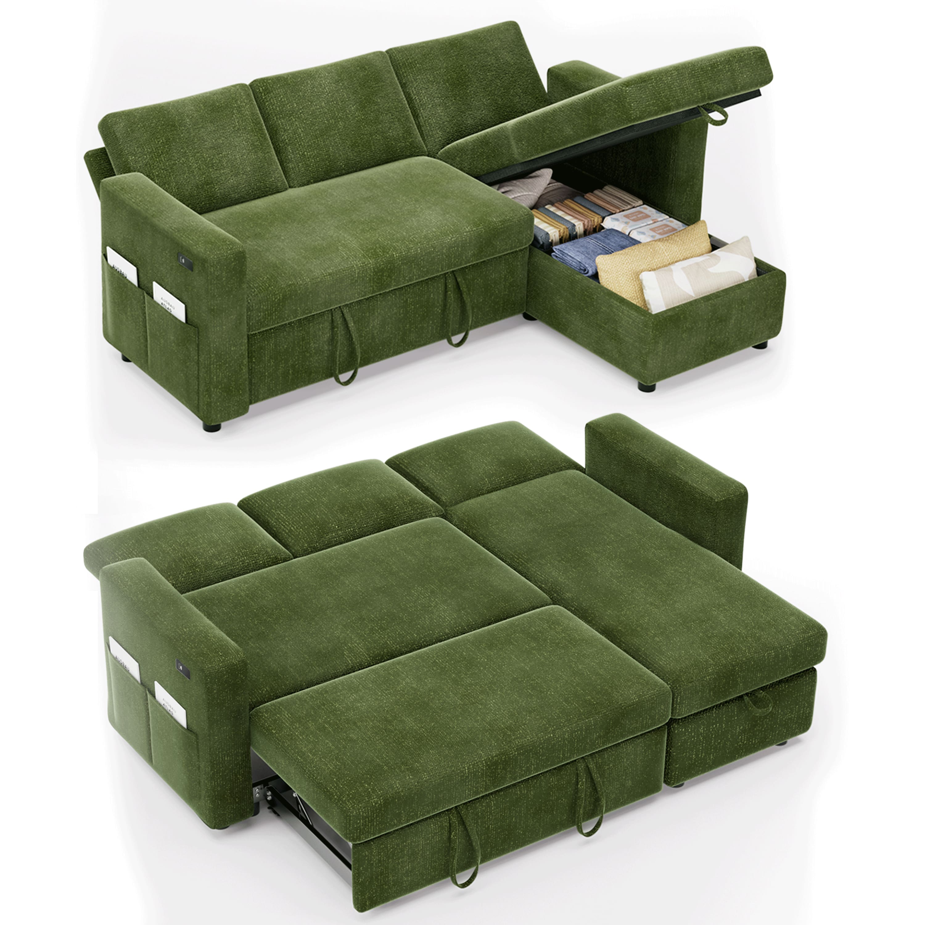 Alt View 3. Vipbear - Vipbear 81" Sleeper Sofa Bed with Pull Out Bed L Shaped Sectional Sleeper Sofa, Tool-Free Assembly,Chenille Green - Green.