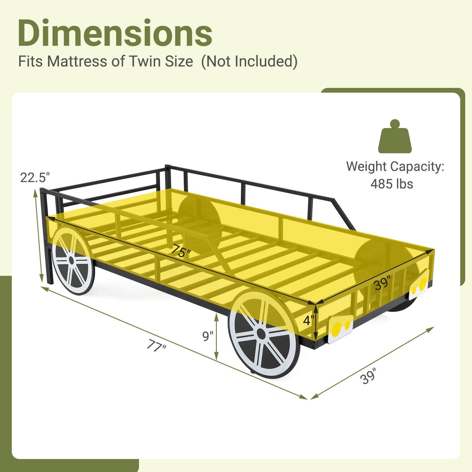 Dimensions: Fits Mattress of Twin Size (Not Included) 22.5" Weight Capacity: 485 lbs 75" 39" 77" 9" 4" 39"