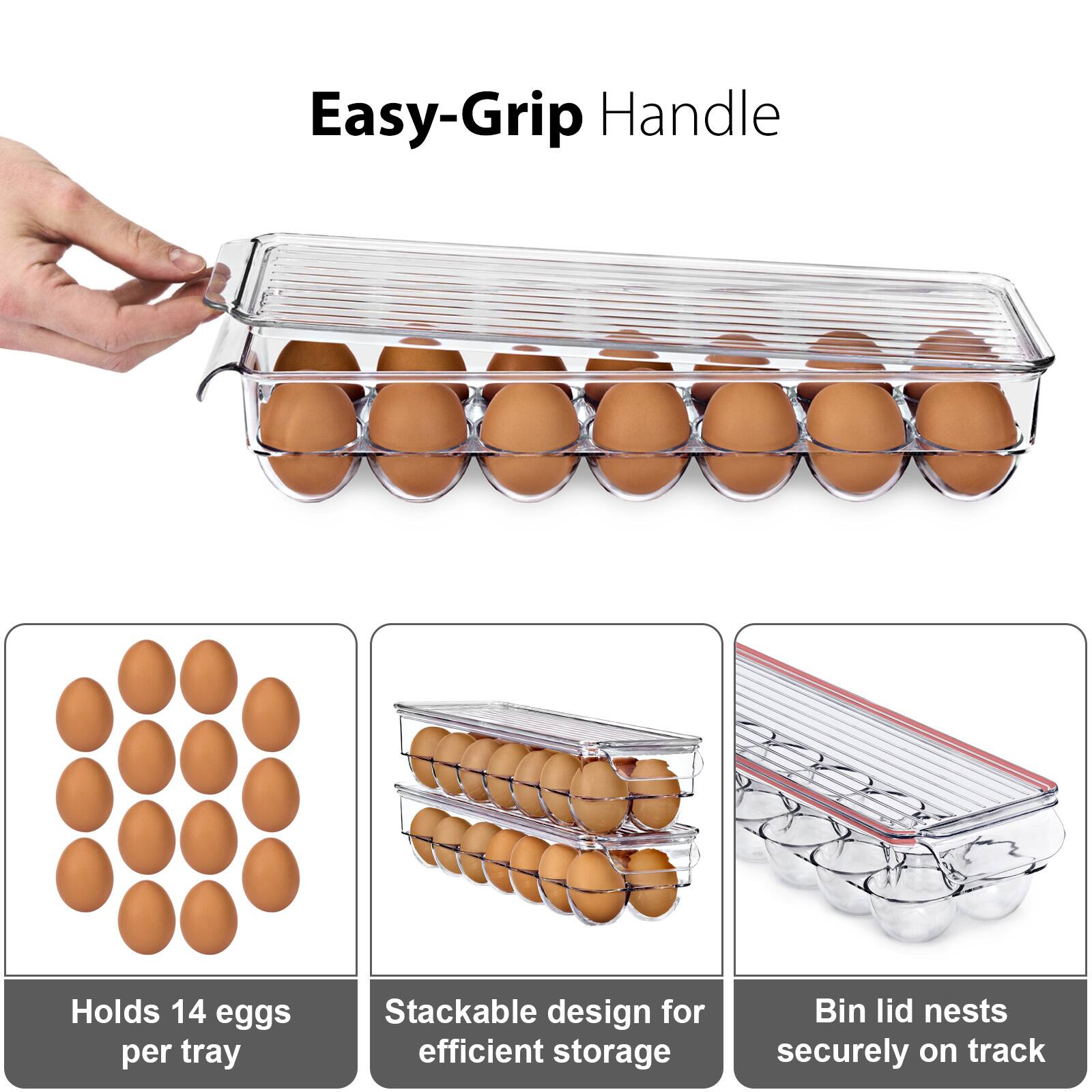 Easy-Grip Handle

- Holds 14 eggs per tray
- Stackable design for efficient storage
- Bin lid nests securely on track