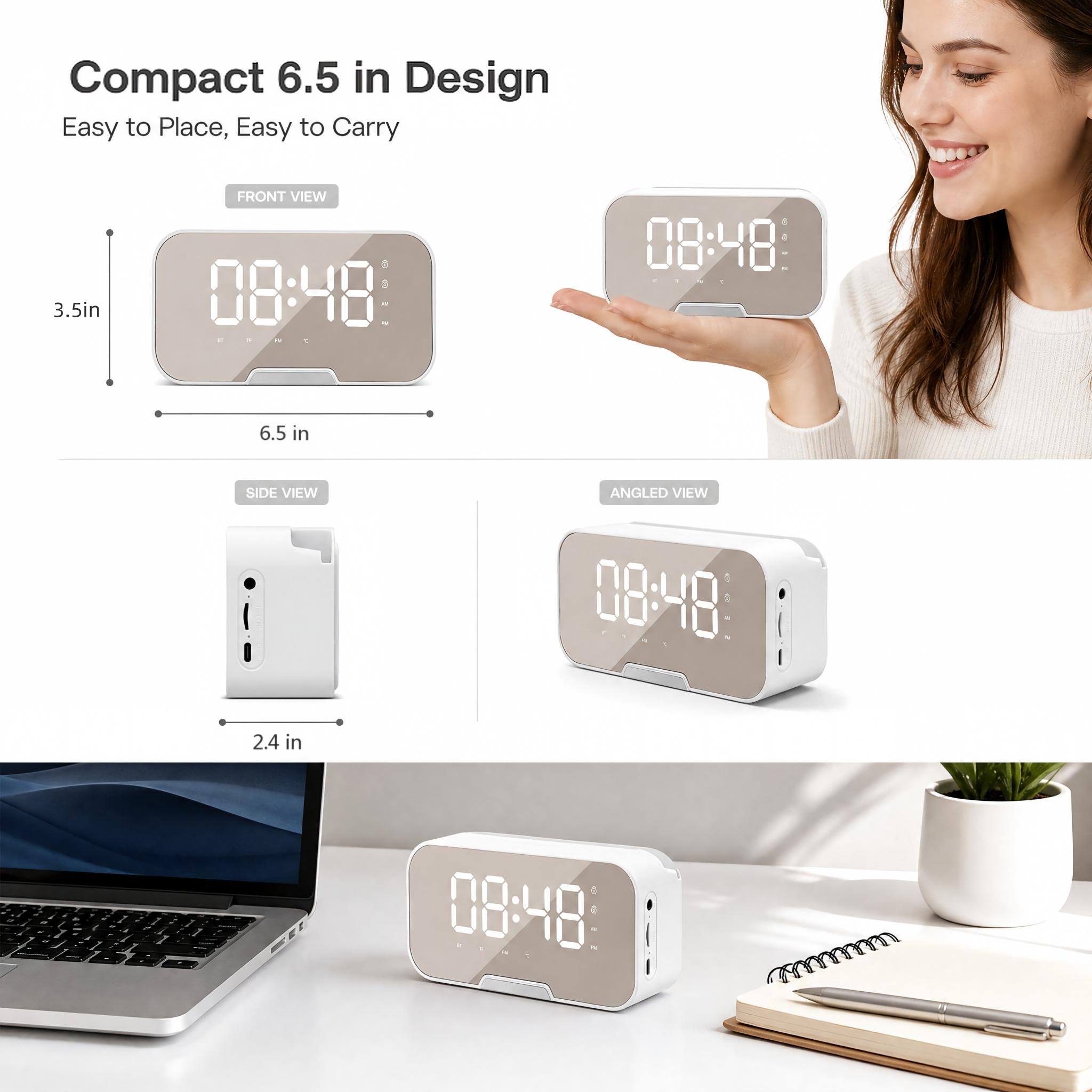 Compact 6.5 in Design  
Easy to Place, Easy to Carry

3.5 in  
FRONT VIEW  
08:48  

6.5 in  
SIDE VIEW  
08:48  

2.4 in  
ANGLED VIEW  
08:48