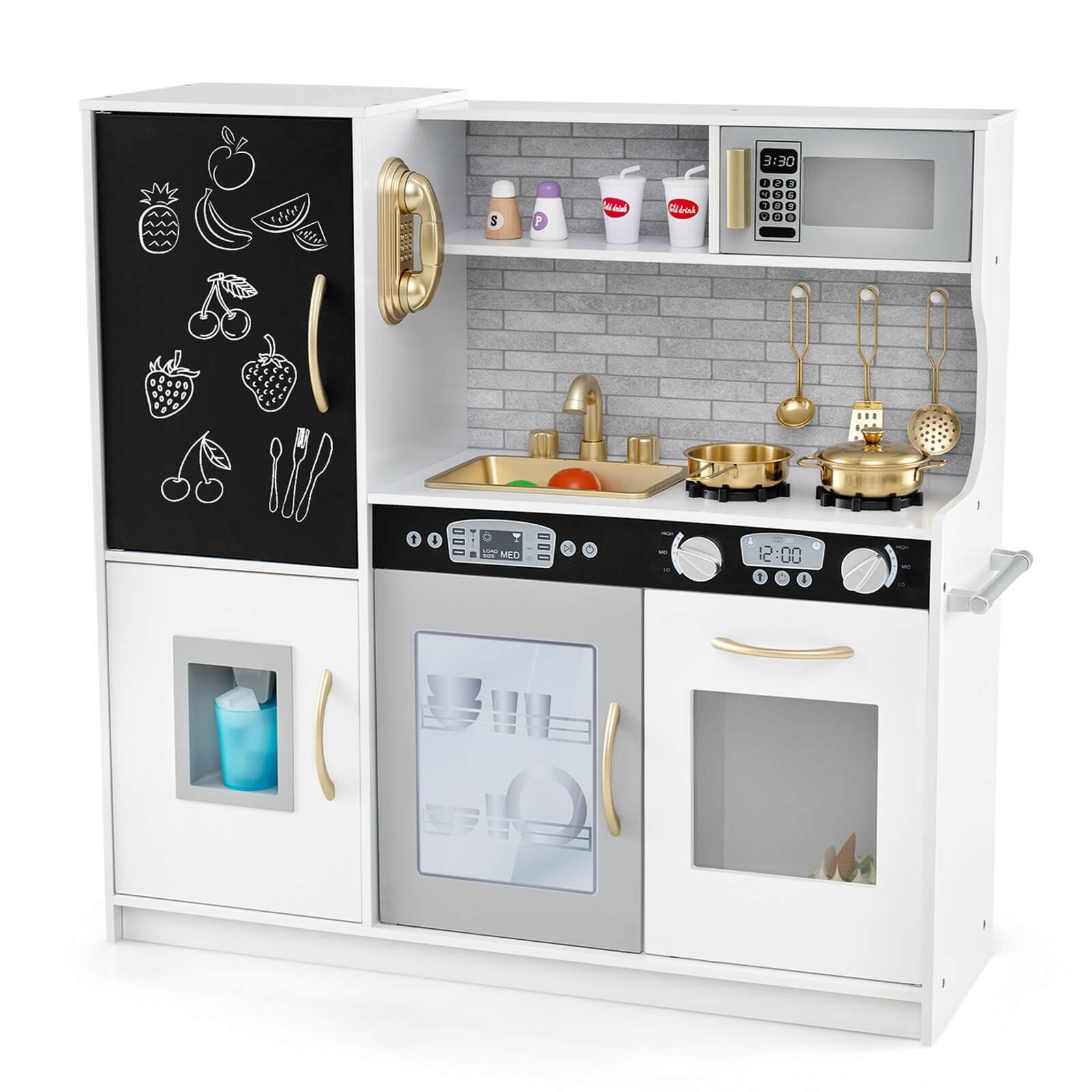 Costway - Kid's Pretend Play Kitchen Toddler Kitchen Playset with Blackboard - Beige