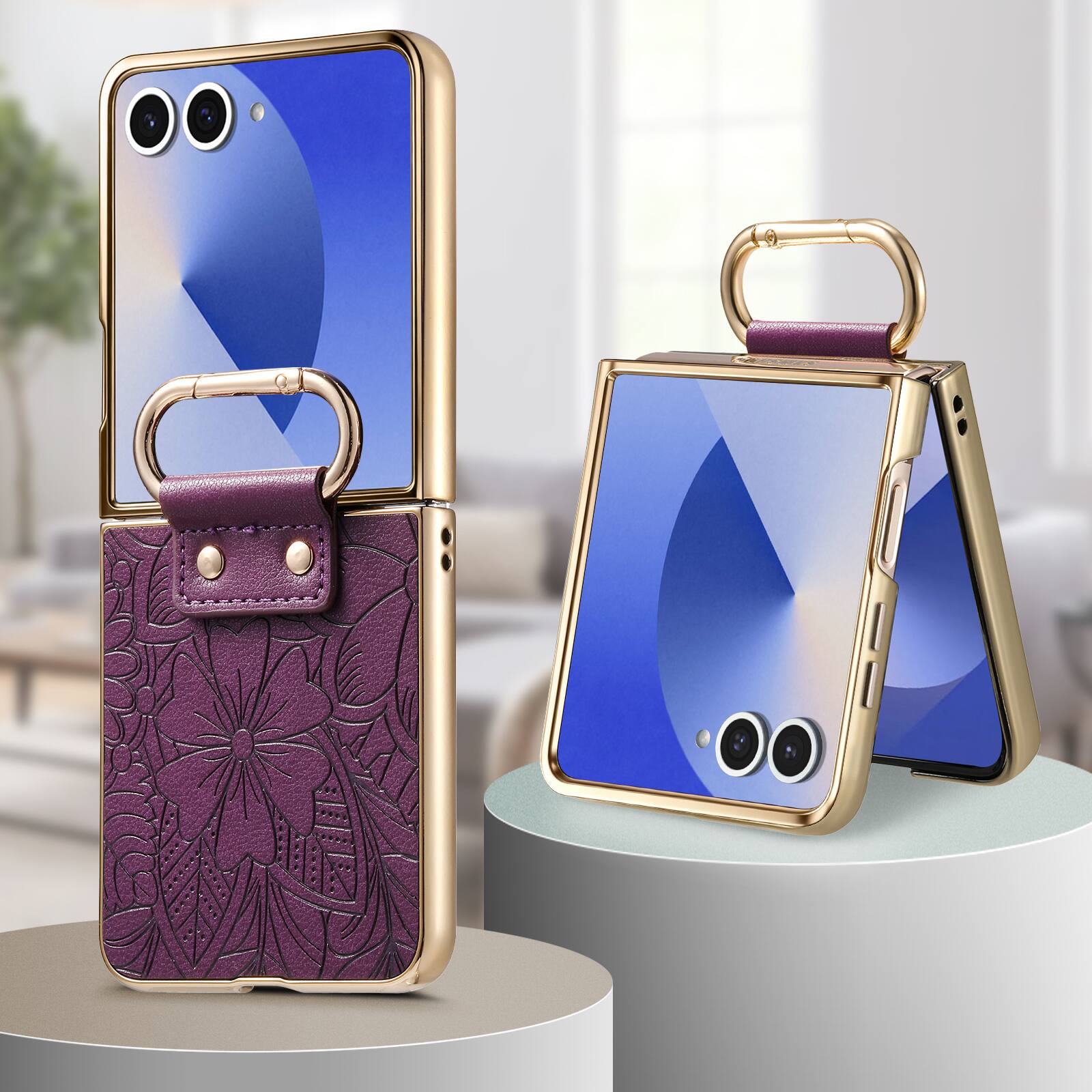 Alt View 4. Dteck - Shockproof Floral Leather Texture Case for Samsung Galaxy Z Flip8, Electroplated Rigid Plastic Cover with Ring Holder - Purple.