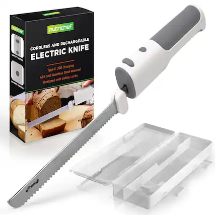 nutrichef CORDLESS AND RECHARGEABLE ELECTRIC KNIFE
Type-C USB Charging
ABS and Stainless Steel Material
Designed with Safety Locks
ON-OFF SWITCH
SAFETY LOCKS
NUEGREKN3 Stainless