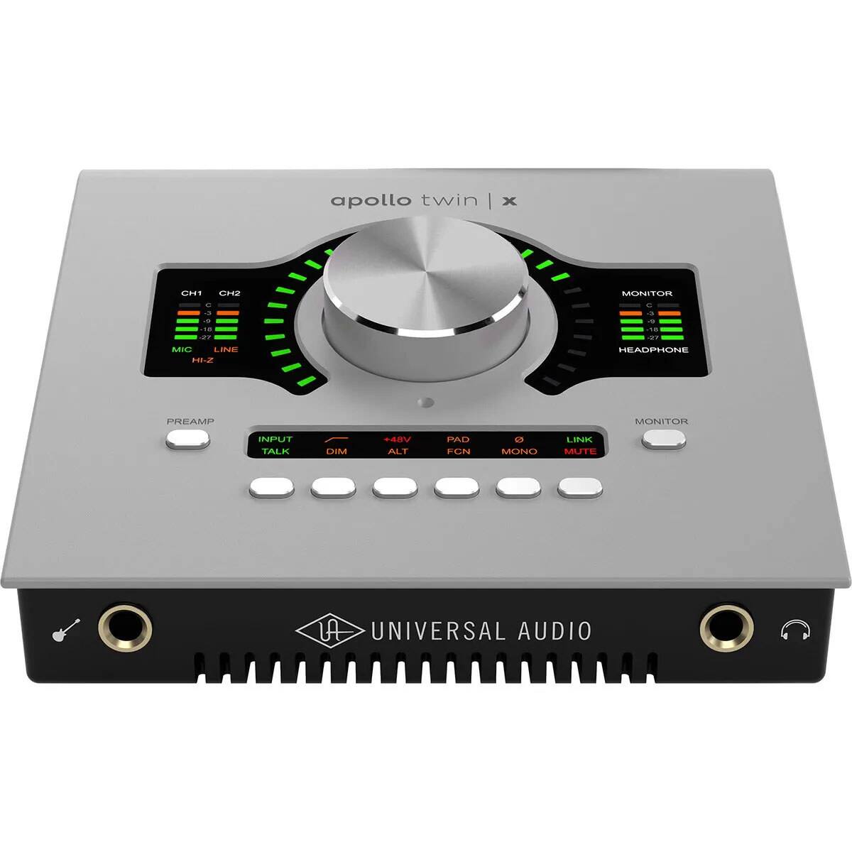 Apollo Twin | x  
CH1 CH2  
MONITOR  
- - - .. 19 d -3 - 18  
MIC LINE HI-Z  
HEADPHONE  
PREAMP  
MONITOR INPUT  
TALK DIM +48V ALT PAD FCN $  
MONO LINK MUTE  
LA UNIVERSAL AUDIO