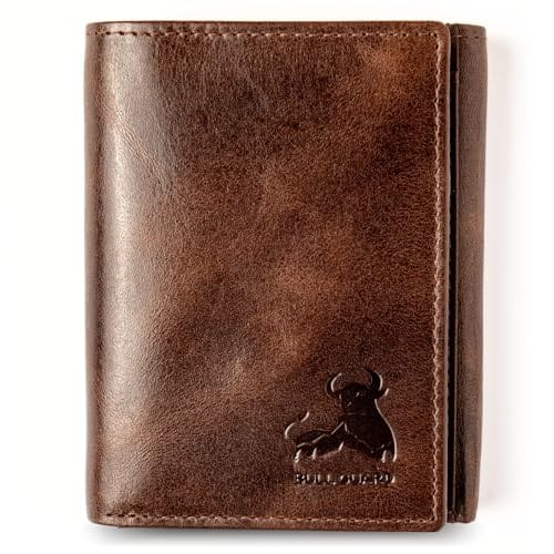 Vulpecula Spade - Freedom Leather RFID Trifold Wallet for Men with Smart Pocket for Air Tag or Other Tracking Devices and 2 ID Windows In - Bull Logo in Forest Brown