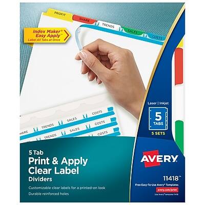 PROFIT  
SHARE  
TRENDS  
SALES  
COSTS  

Index Maker™  
Easy Apply  
Label All Tabs at Once  

Laser | Inkjet  
5 TABS  
5 SETS  

5 Tab Print & Apply Clear Label Dividers  
Customizable clear labels for a printed-on look  
Durable reinforced holes  

AVERY  
11418  

Free Avery Templates  
avery.com/print