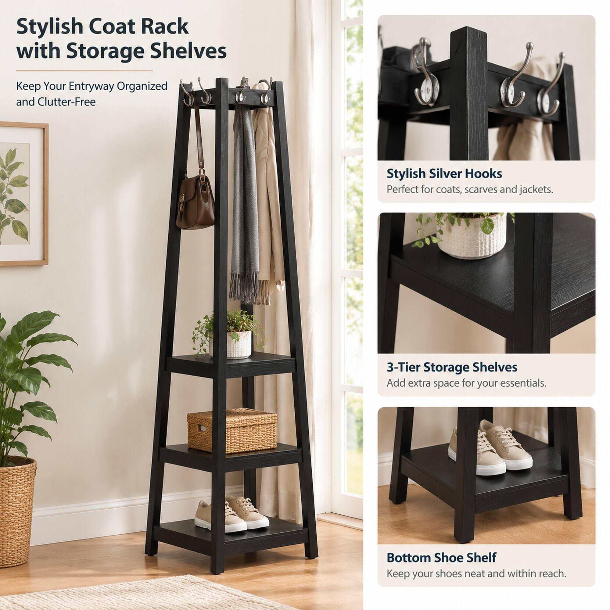 RYHNUYNE Vassen Wood Coat Rack, 3 Tier Storage Shelves, 17.5 x 17.5 x ...