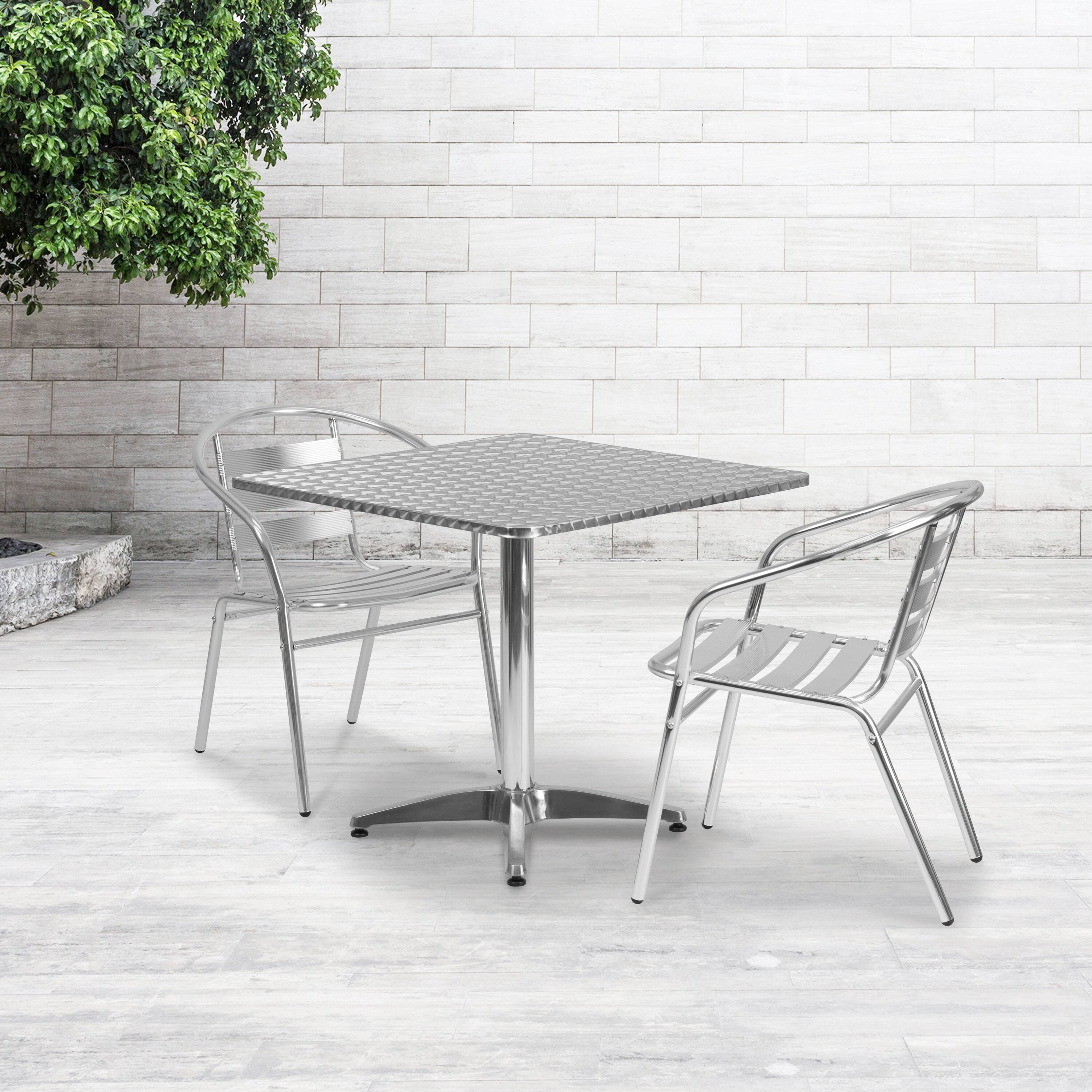 Alt View 1. Emma + Oliver - 31.5'' Square Aluminum Indoor-Outdoor Table Set with 2 Slat Back Chairs - Aluminum.