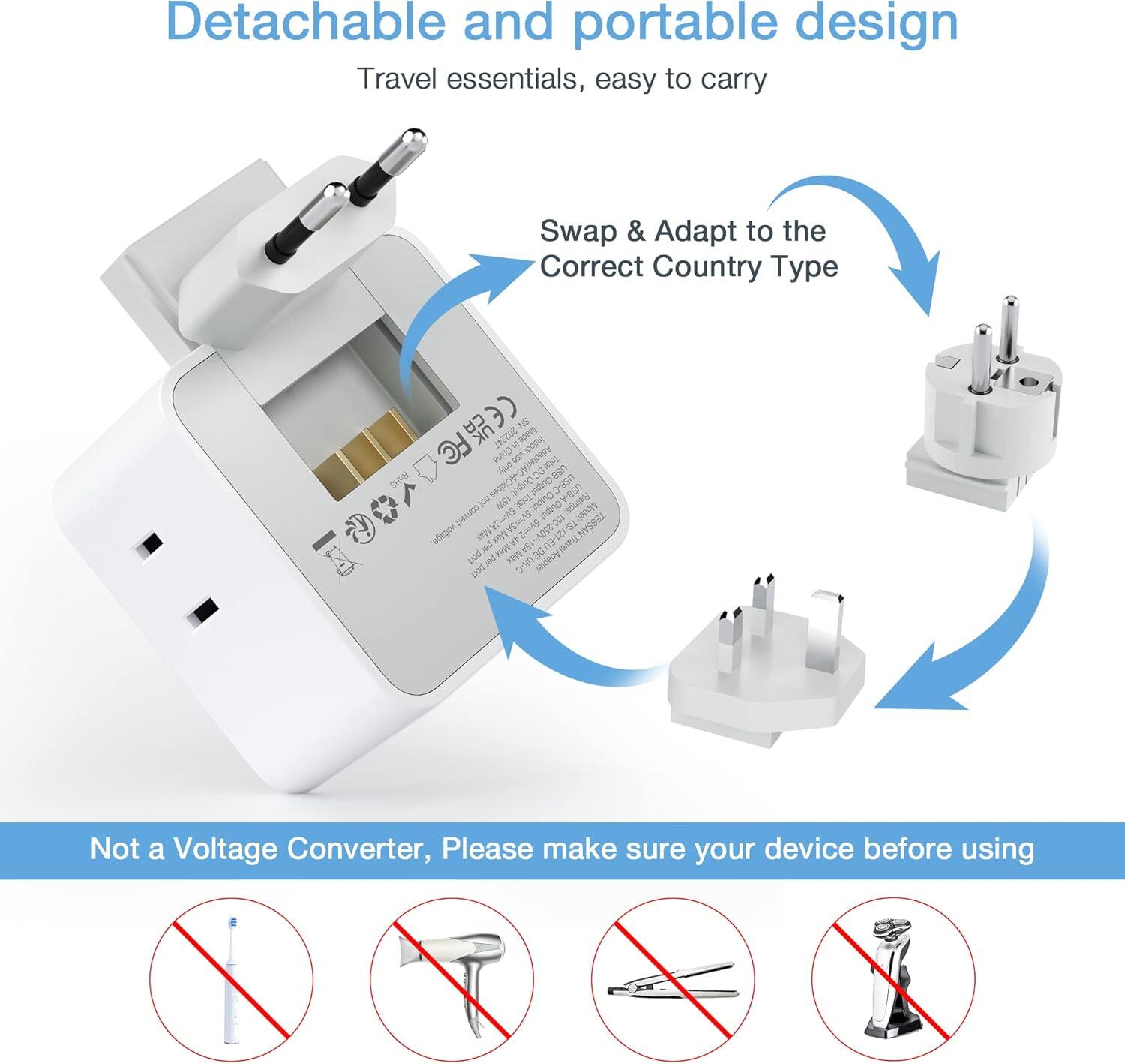 Detachable and portable design  
Travel essentials, easy to carry  
Swap & Adapt to the Correct Country Type  

Not a Voltage Converter, Please make sure your device before using