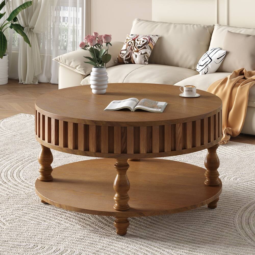 Left. Loheer - Loheer Farmhouse Fluted Coffee Table, Round Coffee Table with Hidden Storage, Walnut Brown - Walnut Brown.