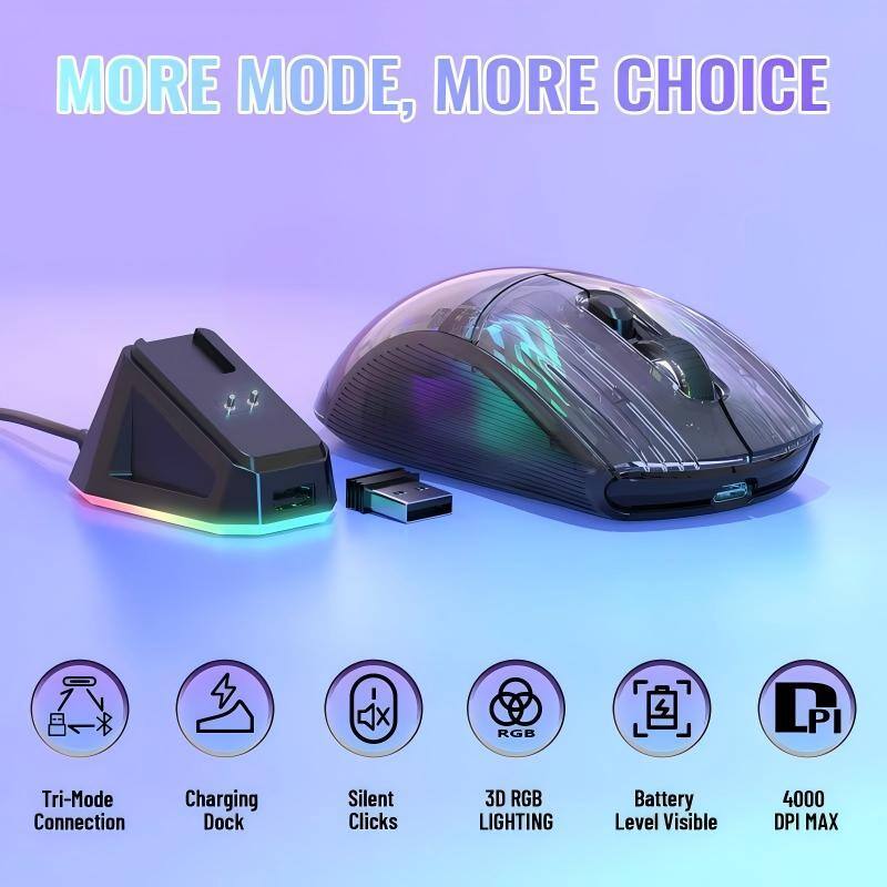 MORE MODE, MORE CHOICE

RGB
DPI

Tri-Mode Connection
Charging Dock
Silent Clicks
3D RGB LIGHTING
Battery Level Visible
4000 DPI MAX