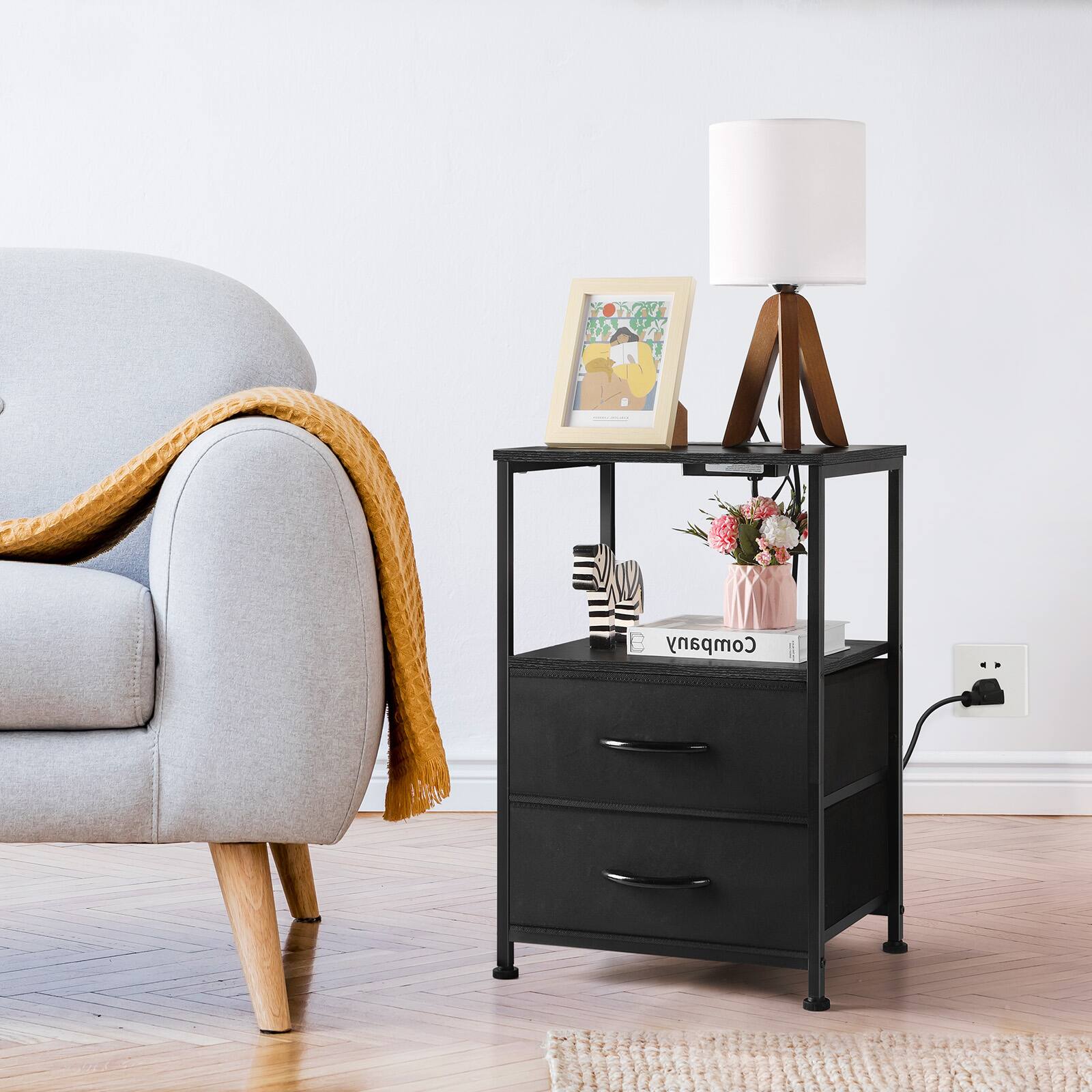 Alt View 2. Oumilen - Nightstand with 2 Fabric Drawers and Charging Station, Black - Black.