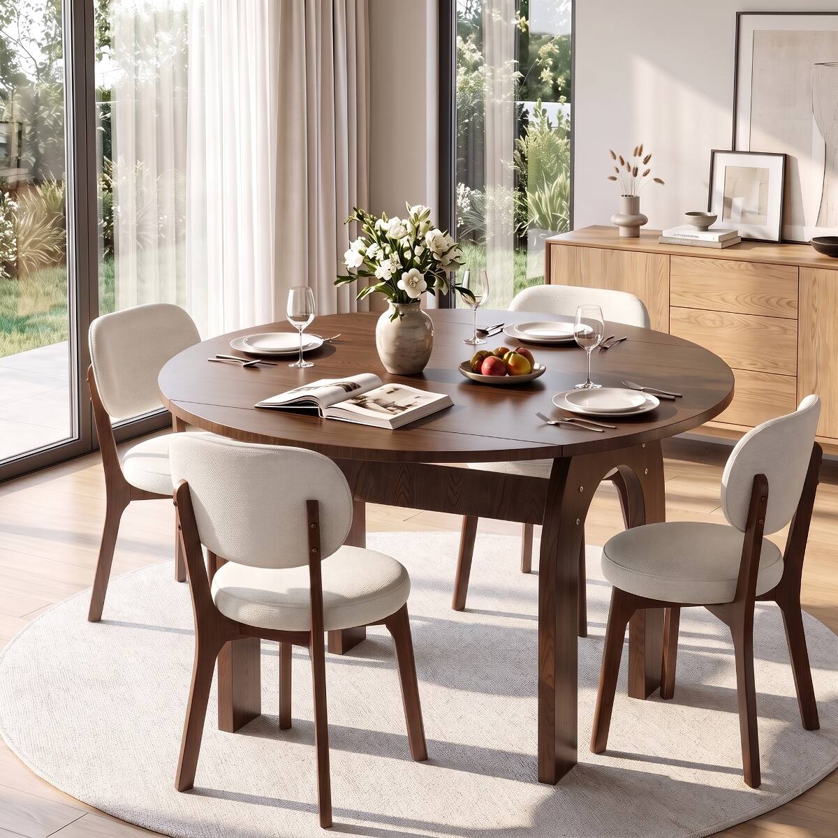 Left. Loheer - Loheer Solid Wood Dining Table, Extendable Drop Leaf, Walnut Finish, Oval to Round, Seats Six - Walnut.