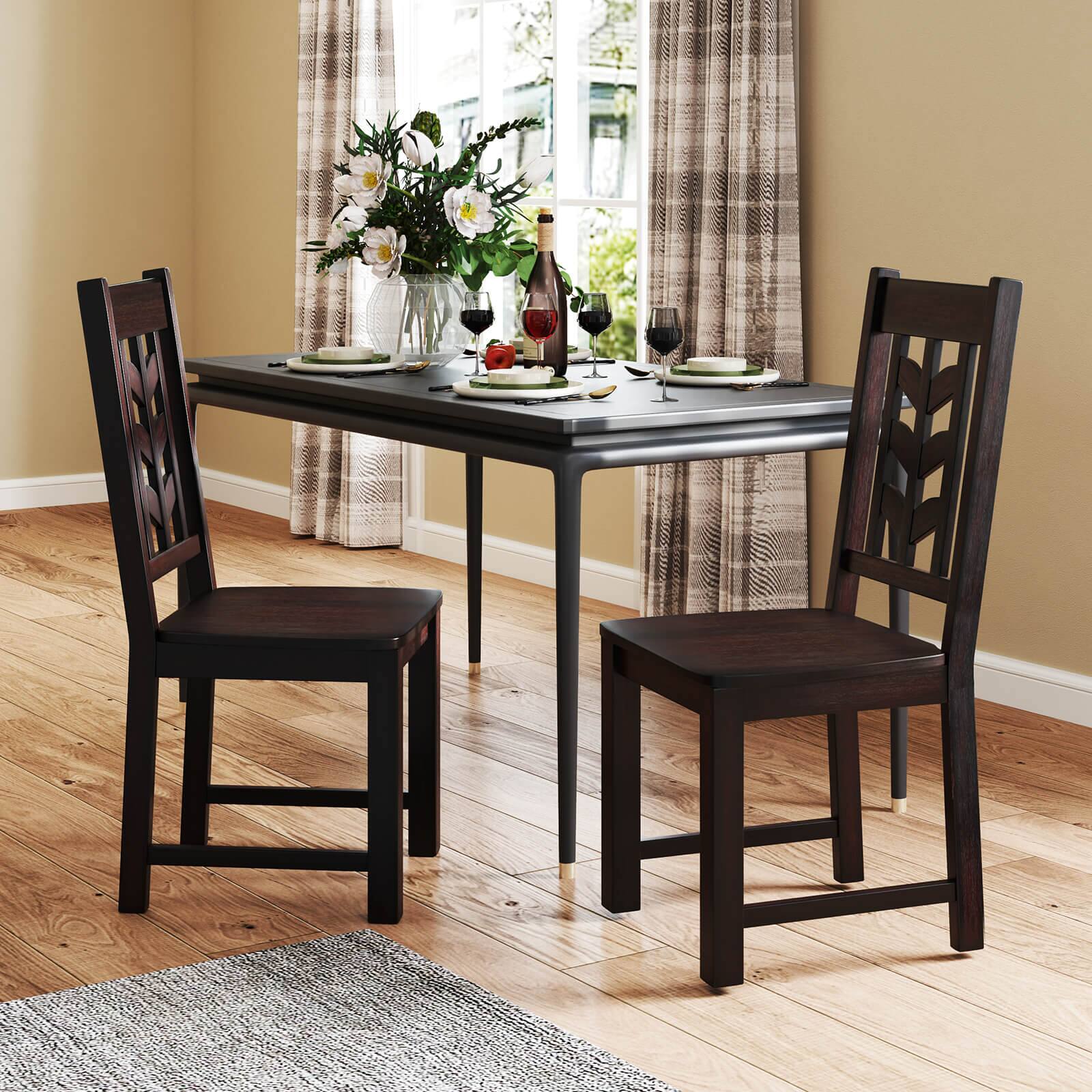 Alt View 1. Costway - Costway Dining Chair Set of 2 with Rubber Wood Frame & Leaf-shape High Back for Kitchen Brown - Brown.