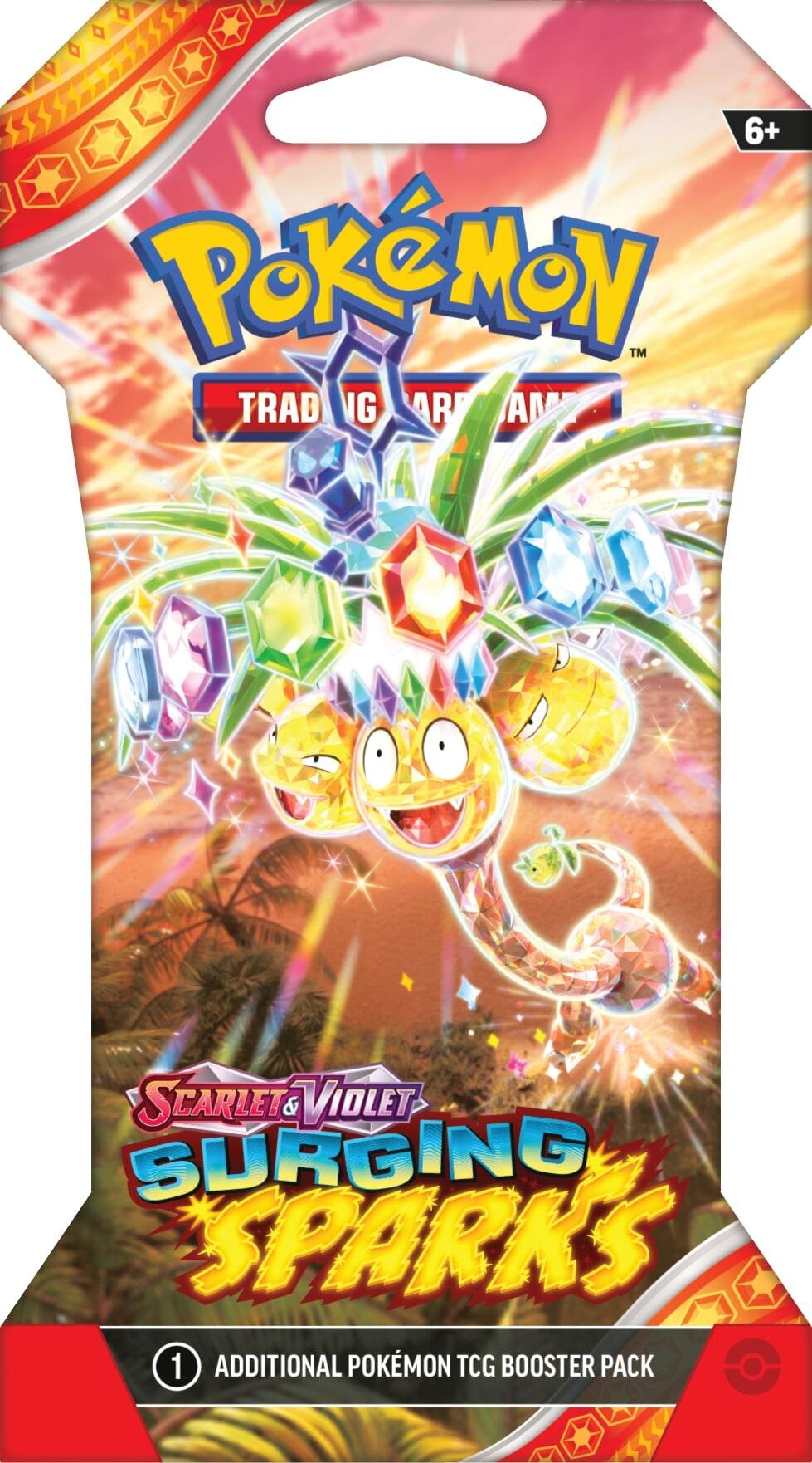 The text on the image reads: "6+ POKMoN TM TRAD IG AR AM SCARLET & VIOLET SURGING SPARKS 1 ADDITIONAL POKMON TCG BOOSTER PACK."