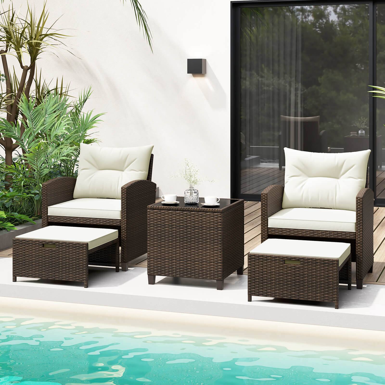 Alt View 1. Costway - 5 Piece Patio Rattan Furniture with 2 Ottomans & Tempered Glass Coffee Table - Off White + Mix Brown.
