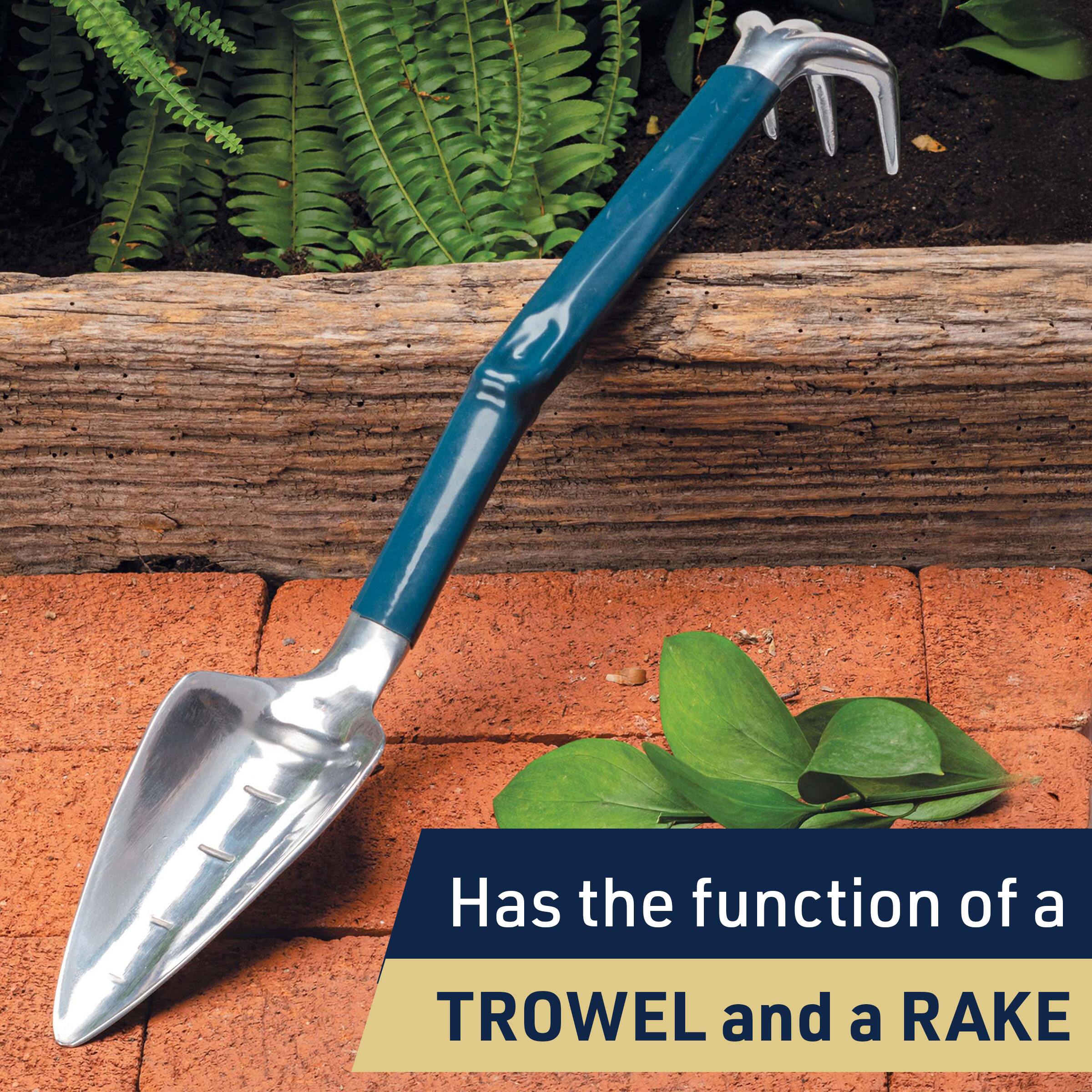 Has the function of a TROWEL and a RAKE