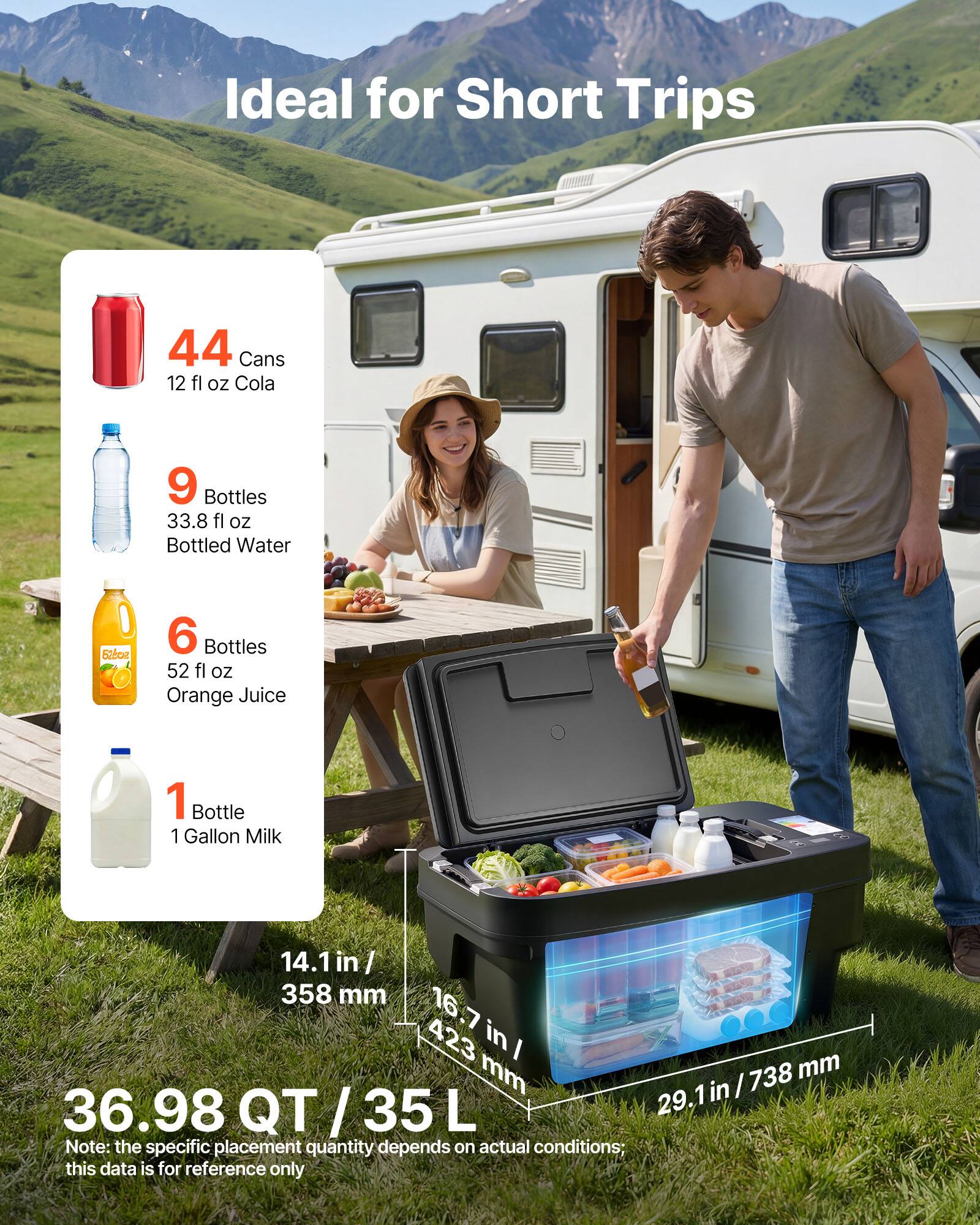 Ideal for Short Trips

44 Cans 12 fl oz Cola  
9 Bottles 33.8 fl oz Bottled Water  
6 Bottles 52 fl oz Orange Juice  
1 Bottle 1 Gallon Milk  

14.1 in / 358 mm  
16.7 in / 423 mm  
29.1 in / 738 mm  

36.98 QT / 35 L  

Note: the specific placement quantity depends on actual conditions; this data is for reference only