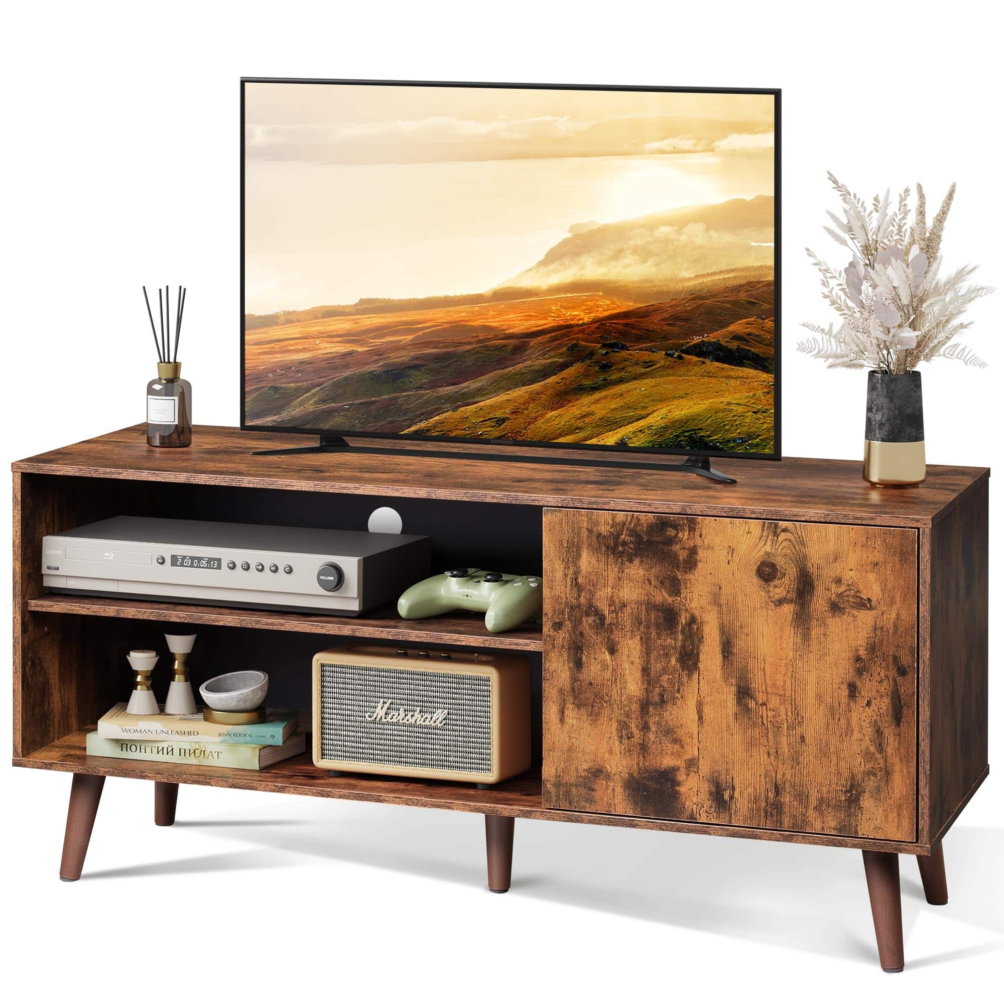 Hirose Alice - Tv Stand For 43 Inch Small Entertainment Center With Storage Cabinet & Adjustable Shelves Mid-century Modern S - Rustic Brown-39 Inch