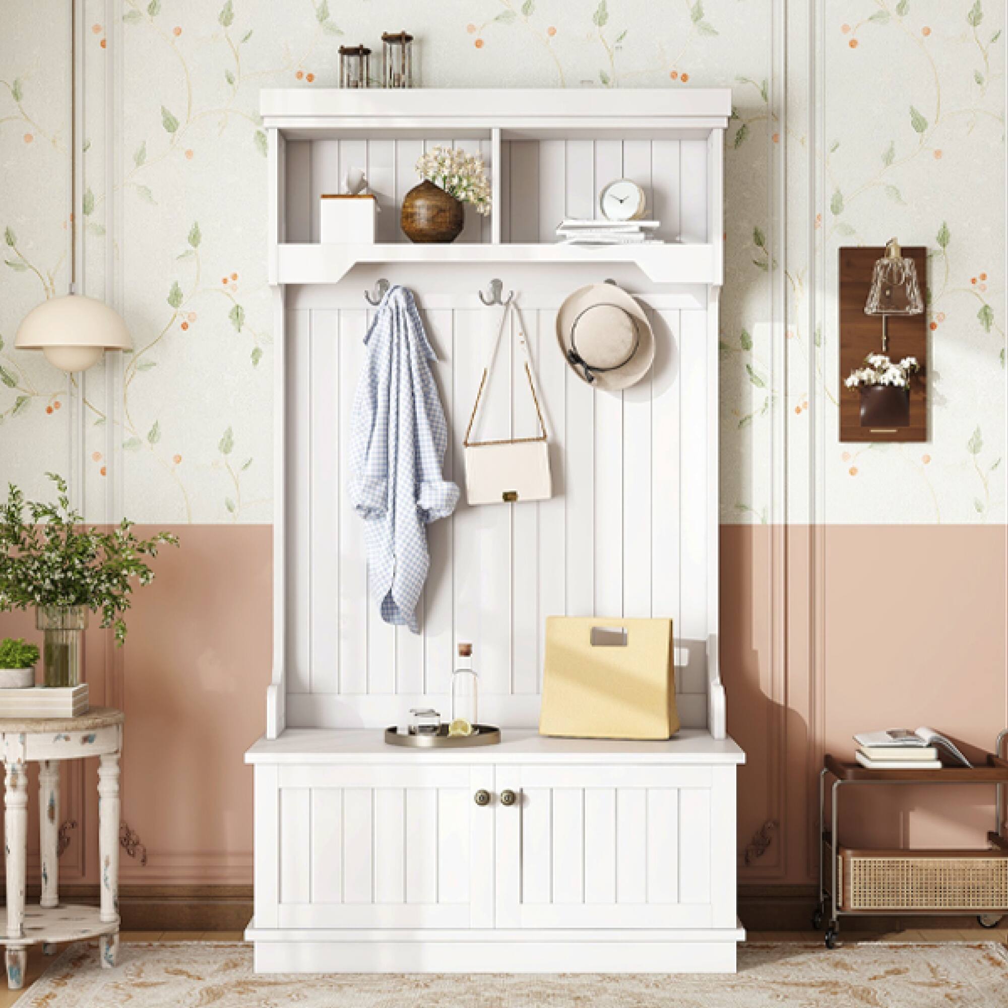 Alt View 8. GOODSILO - Multifunctional Entryway Hall Tree with Coat Racks Shoe Bench Storage Cabinet and Display Shelf - White.