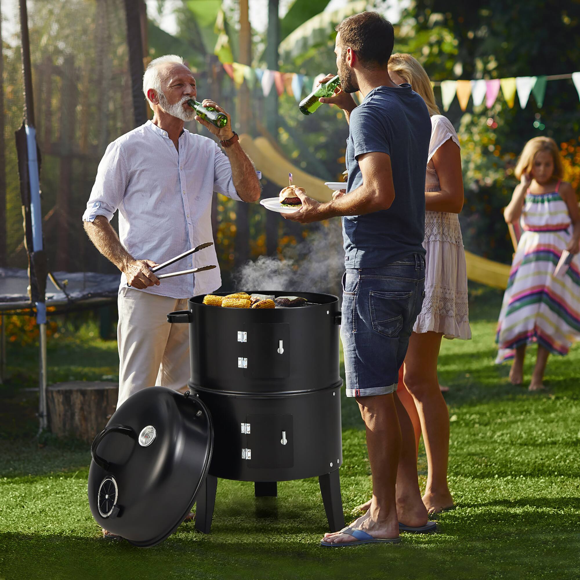 Left. Costway - 3-in-1 Vertical Charcoal Smoker Portable BBQ Smoker Grill with Detachable 2 Layer - Black.
