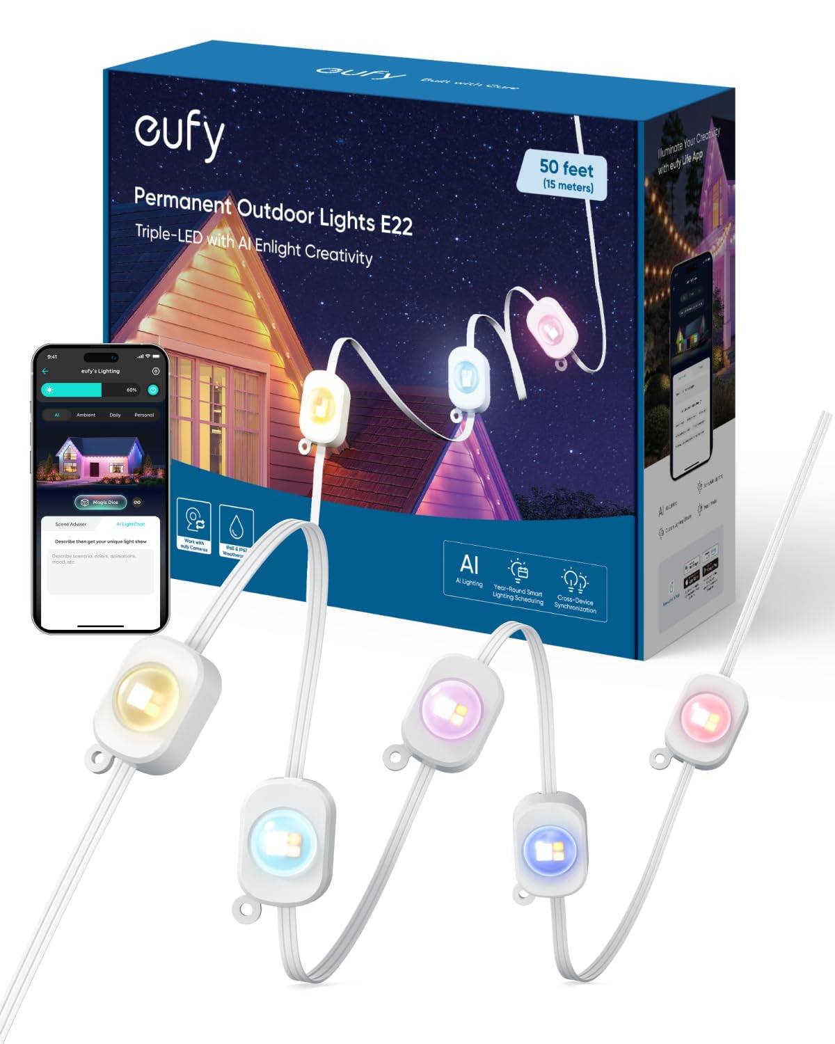 eufy - Permanent Outdoor Lights E22, 50ft 30 Triple‑LED, Smart RGBWW, AI Themes, IP67, Camera Link, Christmas & Daily Use - White